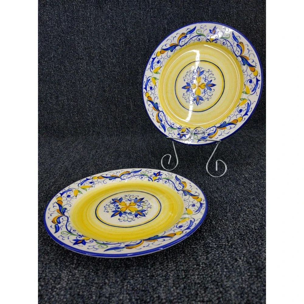 Pier 1 Mirandela Salad Plates 9in Yellow Blue Hand Painted Portugal Set of 2‎